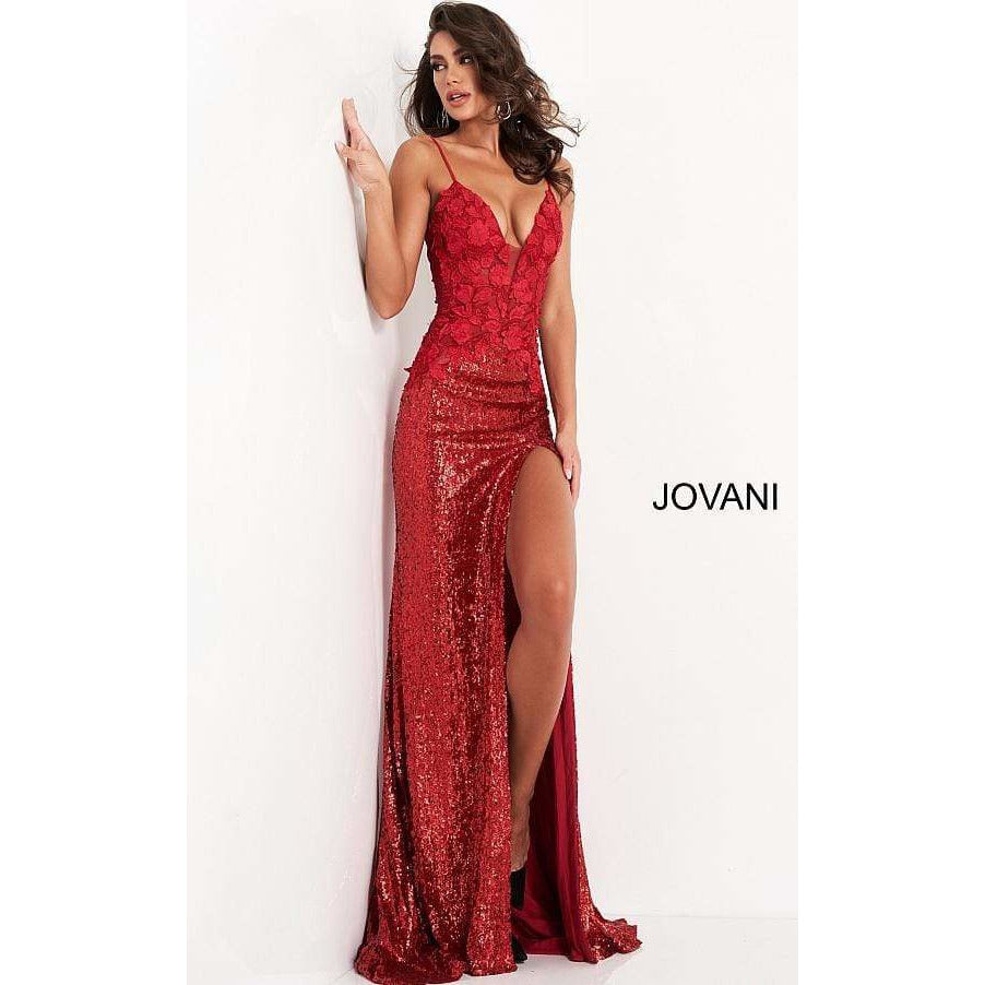 Jovani 06426 Red Floral Appliques High ...
